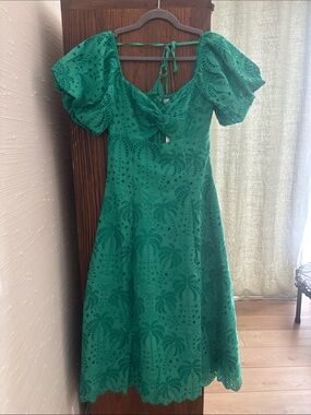 NWT Avara Green Eyelet Midi Dress with Puff Sleeves